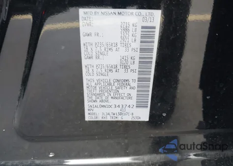 2013 Infiniti Jx35 z USA, uszkodzony, nr VIN 5N1AL0MN1DC343742